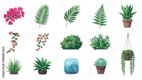 Flat botanical elements collection with diverse greenery and floral designs