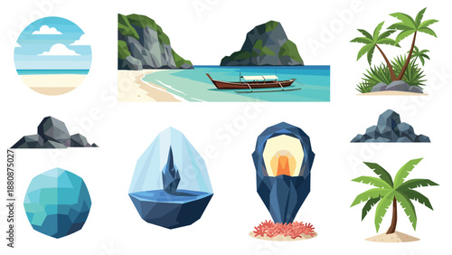 Tropical beach and boat with low poly nature elements and exotic landscapes