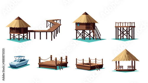 Tropical bungalow and pier illustrations with thatched roofs and boats