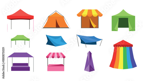 Colorful tent and canopy collection in flat style