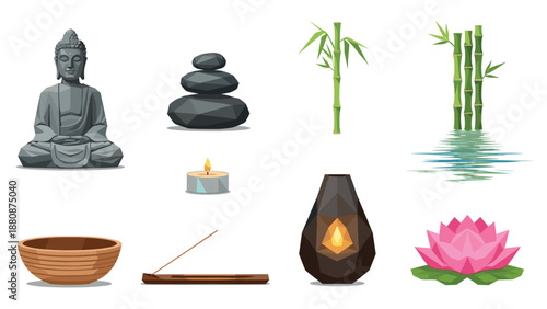 Zen elements: buddha, bamboo, stones, lotus, and candle for meditation