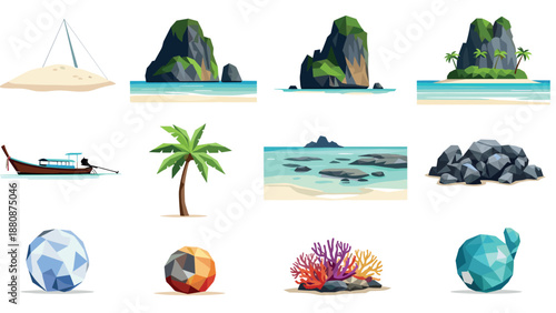 Tropical island low poly design with palm trees and sea views