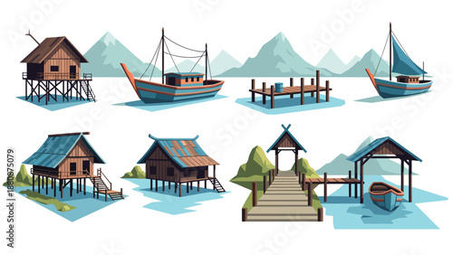 Coastal architecture and boats: rustic bungalows and traditional fishing vessels in a scenic harbor setting