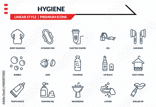 hygiene icons set - body shaming, hygienic pad, bubble, washbowl, dolled up outline vector collection.