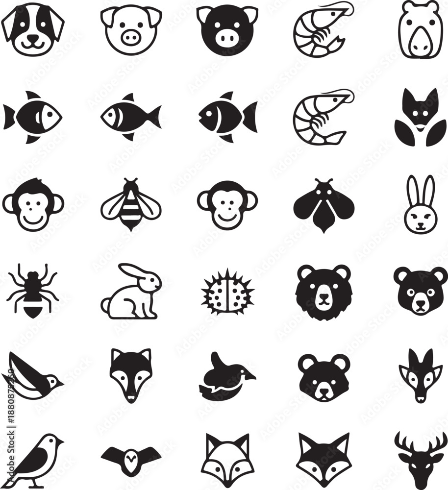 Fototapeta premium Collection of animal icons in various styles on transparent background