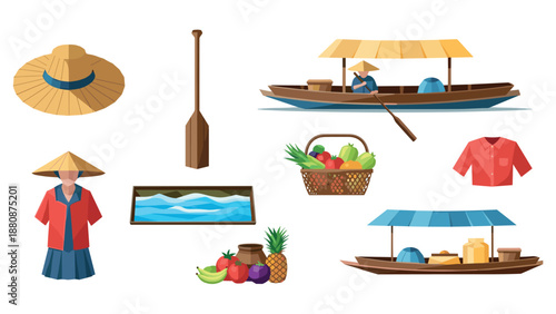 Traditional thai market elements: boat, hat, and fresh produce in a flat design