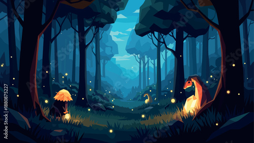 Magical forest with dinosaurs and glowing mushrooms at dusk in a flat art style