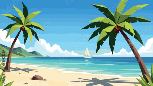 Tranquil tropical paradise with sailboat, palm trees, and blue ocean in flat art style