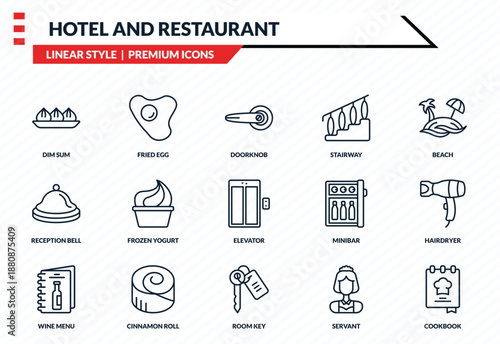 hotel and restaurant icons set - dim sum, fried egg, reception bell, room key, cookbook outline vector collection.