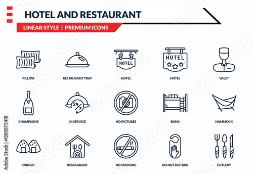 hotel and restaurant icons set - pillow, restaurant tray, champagne, no smoking, cutlery outline vector collection.