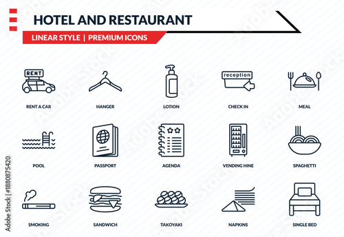 hotel and restaurant icons set - rent a car, hanger, pool, takoyaki, single bed outline vector collection.