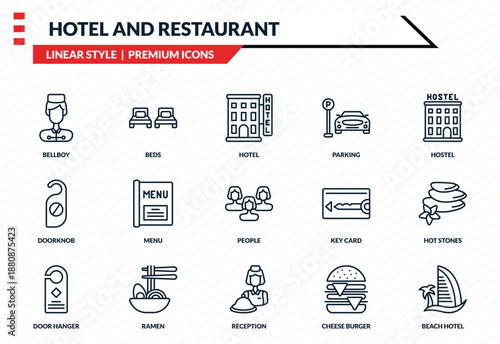 hotel and restaurant icons set - bellboy, beds, doorknob, reception, beach hotel outline vector collection.