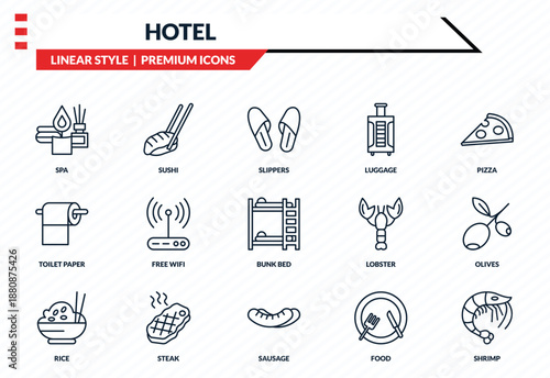 hotel icons set - spa, sushi, toilet paper, sausage, shrimp outline vector collection.