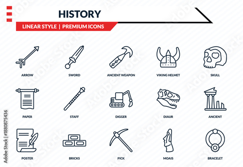 history icons set - arrow, sword, paper, pick, bracelet outline vector collection.