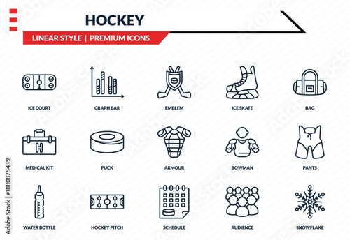 hockey icons set - ice court, graph bar, medical kit, schedule, snowflake outline vector collection.