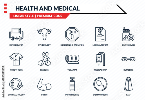 health and medical icons set - defibrillator, gynecology, patient robe, punching bag, salt outline vector collection.
