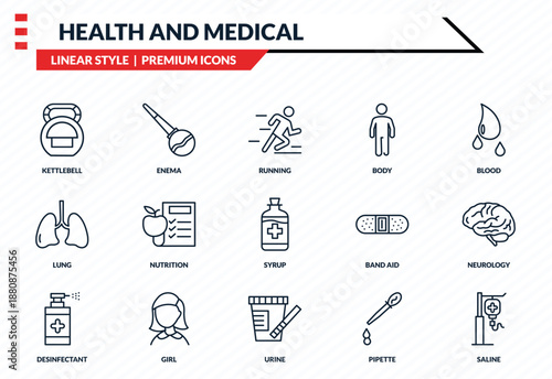 health and medical icons set - kettlebell, enema, lung, urine, saline outline vector collection.