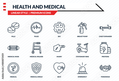 health and medical icons set - pills, pulse, medical mask, beat, poisonous outline vector collection.