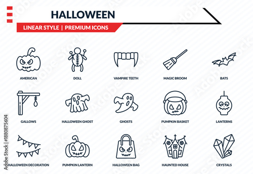halloween icons set - american, doll, gallows, halloween bag, crystals outline vector collection.
