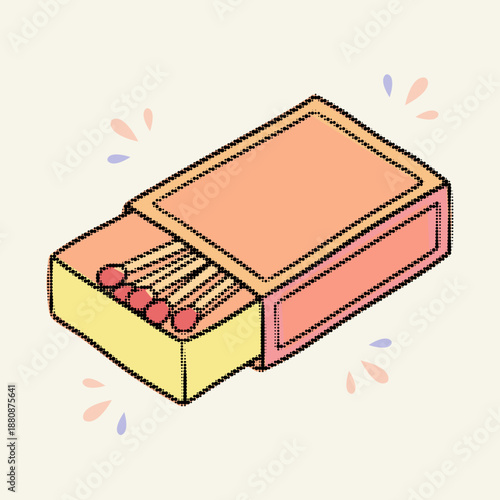 Halftone, pop art, dot open matchbox with wooden stick for fire ignition flame vector illustration