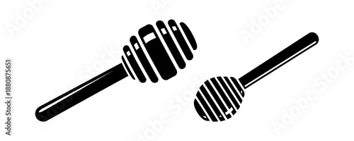 Black and white graphic icon set of honey dippers, perfect for sweet food and dessert serving utensils