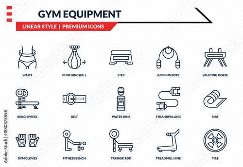 gym equipment icons set - waist, punching ball, bench press, trainer rod, tire outline vector collection.
