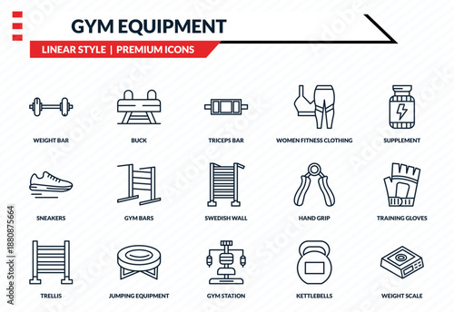gym equipment icons set - weight bar, buck, sneakers, gym station, weight scale outline vector collection.