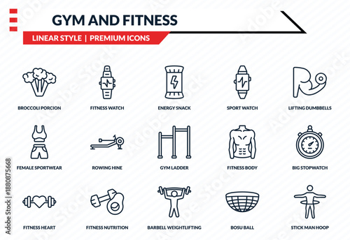 gym and fitness icons set - broccoli porcion, fitness watch, female sportwear, barbell weightlifting, stick man hoop outline vector collection.