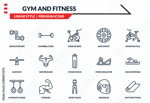 gym and fitness icons set - arms extender, dumbbells bar, anatomy, sport wear, mat for fitness outline vector collection.
