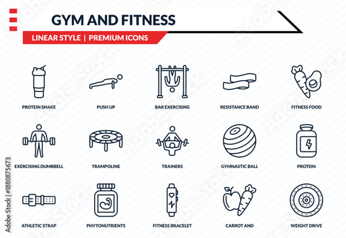 gym and fitness icons set - protein shake, push up, exercising dumbbell, fitness bracelet, weight drive outline vector collection.