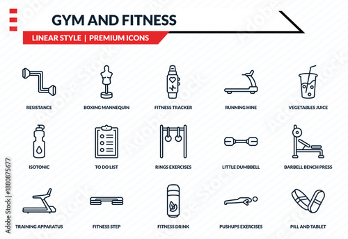gym and fitness icons set - resistance, boxing mannequin, isotonic, fitness drink, pill and tablet outline vector collection.