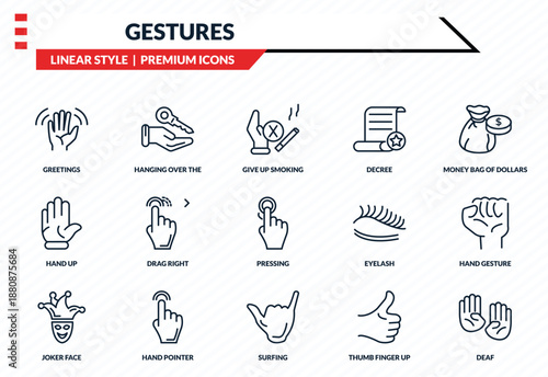 gestures icons set - greetings, hanging over the key, hand up, surfing, deaf outline vector collection.