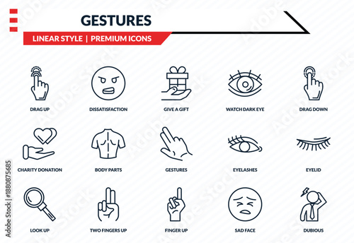 gestures icons set - drag up, dissatisfaction, charity donation, finger up, dubious outline vector collection.