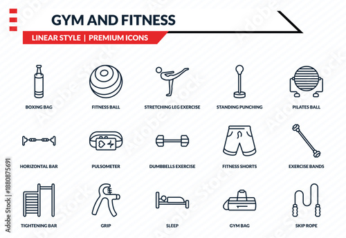 gym and fitness icons set - boxing bag, fitness ball, horizontal bar, sleep, skip rope outline vector collection.