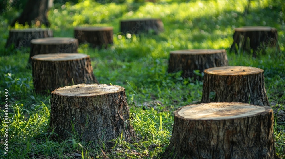 Fototapeta premium A group of tree stumps in a grassy field with sunlight filtering through the trees.