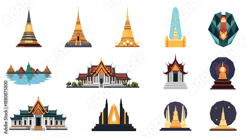 Thai temples and pagodas in flat design style with iconic architectural features