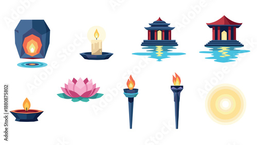 Traditional asian lanterns and temples with floral and flame elements