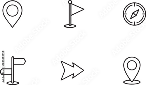 A collection of essential navigation and location-based outline icons for mapping and direction
