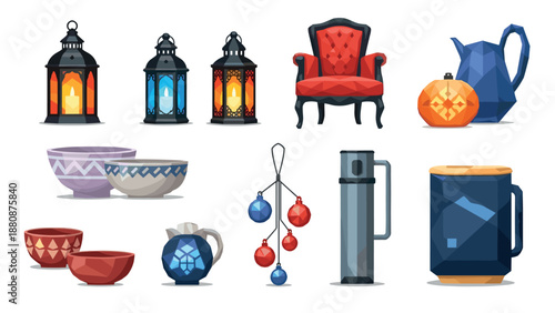 Geometric styled home decor collection featuring chairs, lamps, and kitchen accessories