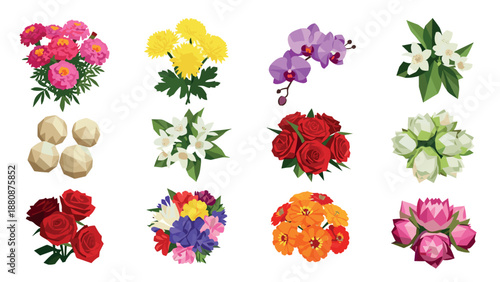 Collection of low poly floral arrangements: roses, orchids, daisies, and more