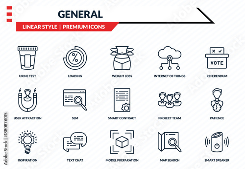 general icons set - urine test, loading, user attraction, model preparation, smart speaker outline vector collection.
