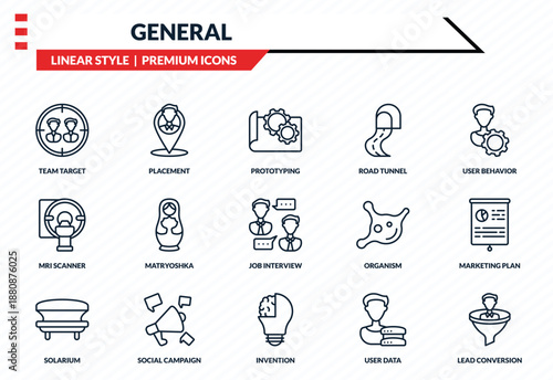 general icons set - team target, placement, mri scanner, invention, lead conversion outline vector collection.