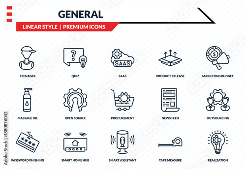 general icons set - teenager, quiz, massage oil, smart assistant, realization outline vector collection.