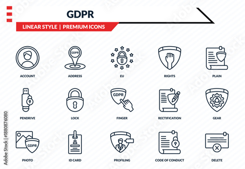gdpr icons set - account, address, pendrive, profiling, delete outline vector collection.