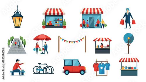 Modern shopping scene with market stalls and family activities in flat design