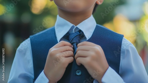 A young boy adjusting his tie in a formal setting.