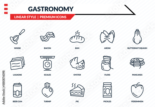 gastronomy icons set - whisk, bacon, lasagne, pie, persimmon outline vector collection.