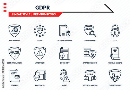 gdpr icons set - fingerprint, gdpr, communications, alert, child consent outline vector collection.