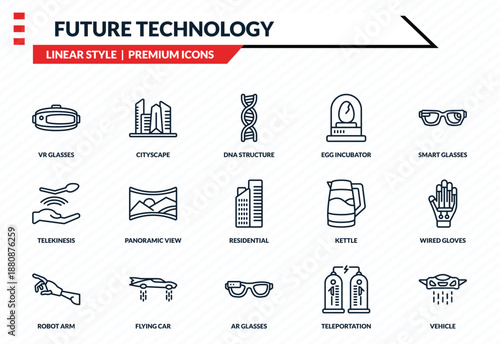 future technology icons set - vr glasses, cityscape, telekinesis, ar glasses, vehicle outline vector collection.