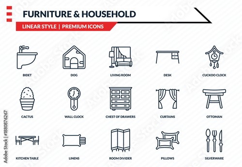 furniture & household icons set - bidet, dog, cactus, room divider, silverware outline vector collection.
